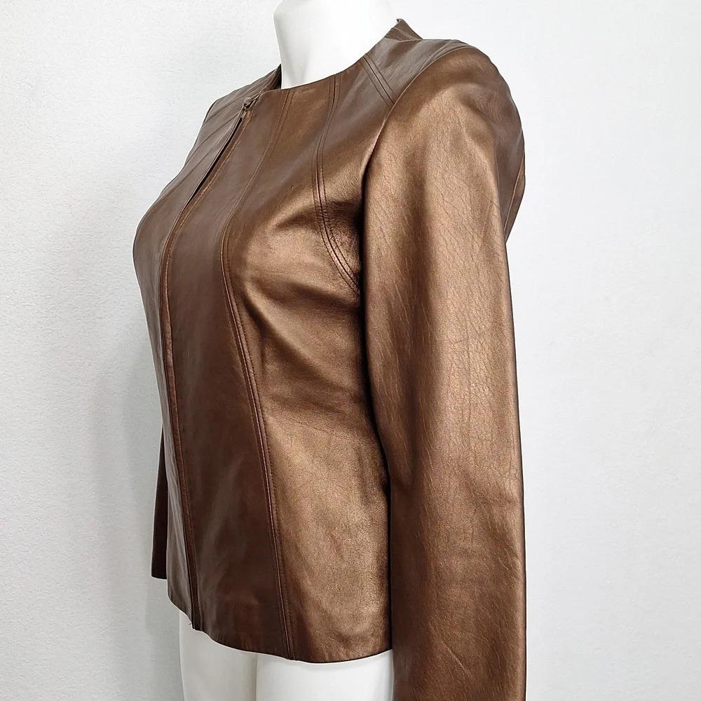 Preston & York Preppy Genuine Lamb Skin Minimalist Front Zip Biker Jacket M - Picture 6 of 8